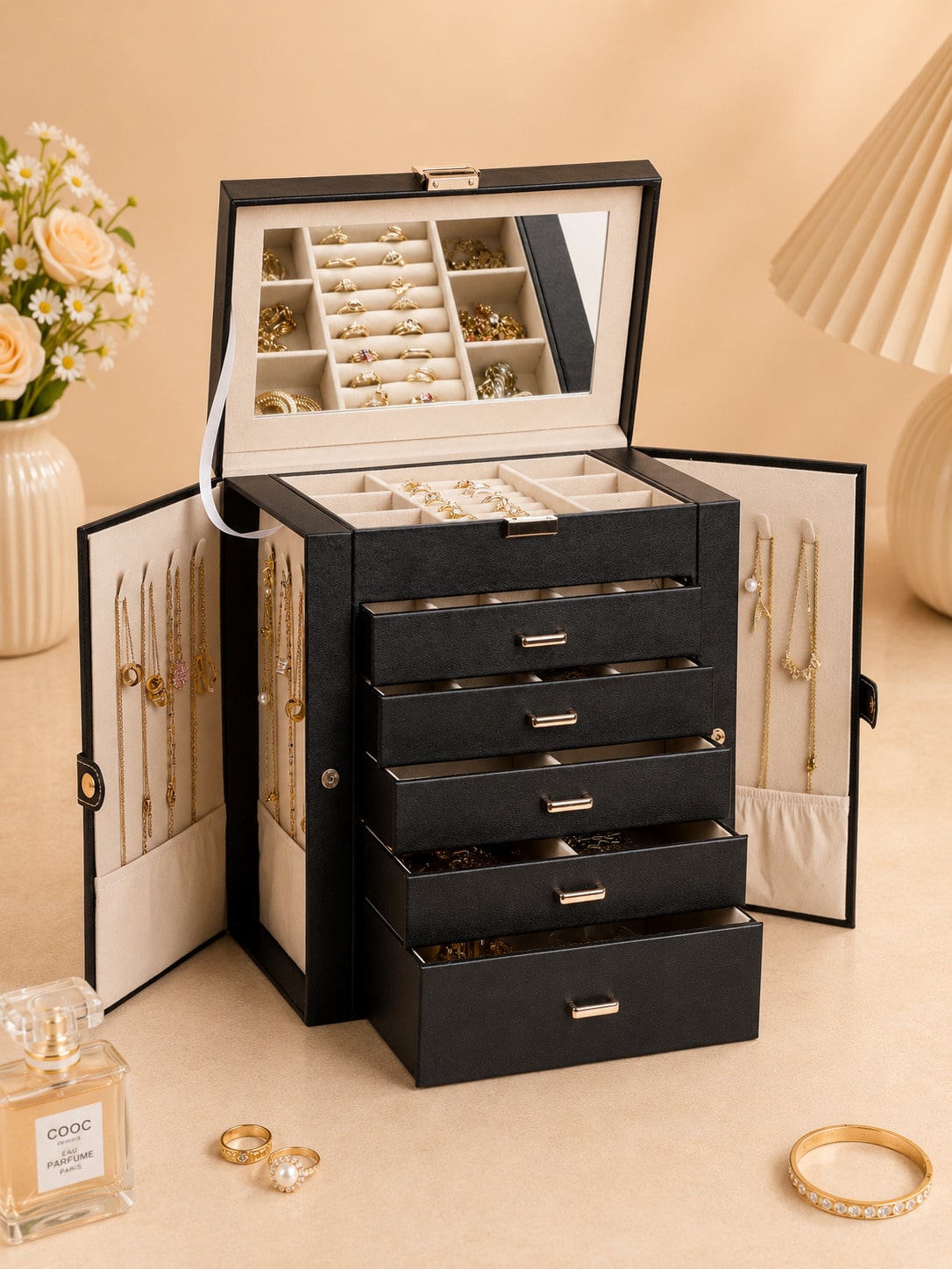 Women Accessories Drawer - صندوق مجوهرات كبير من الجلد الصناعي